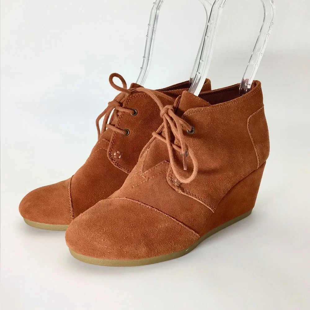 Toms Kala Rust Brown Lace Up‎ Suede Wedge Heels Ankle Boot Booties Women's 7.5